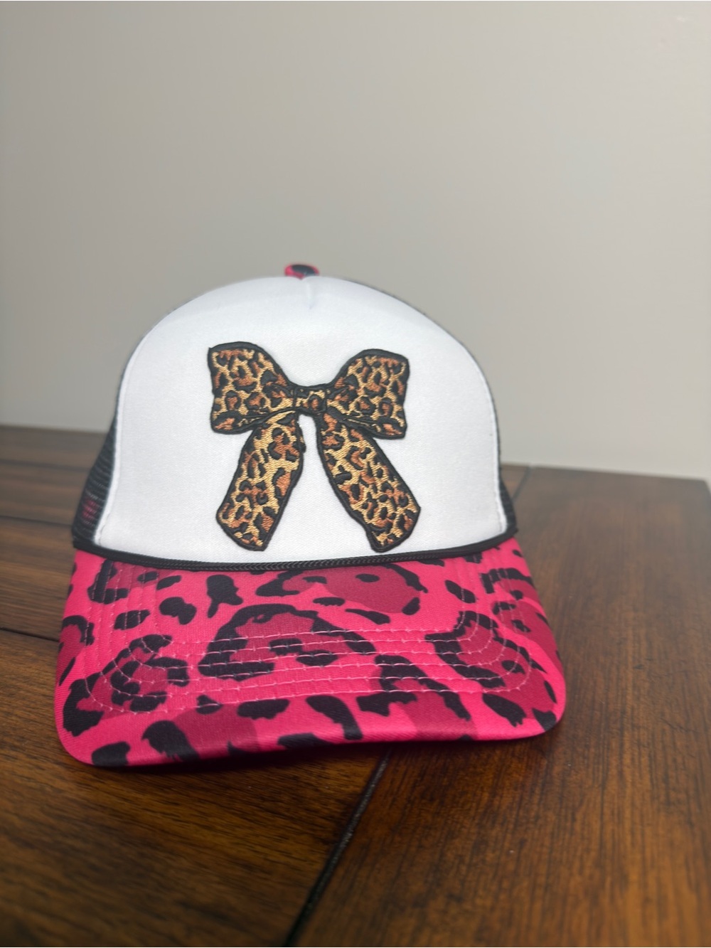 Pink Leopard Print Bow Trucker Hat Mesh Back One Size Adult Cap